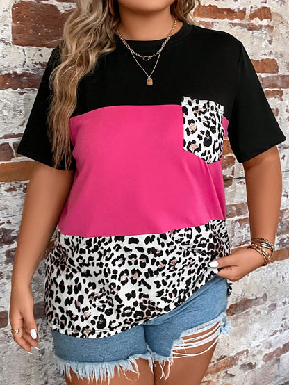 EMERY ROSE Plus Leopard Print Colorblock Patched Pocket Tee For Summer
