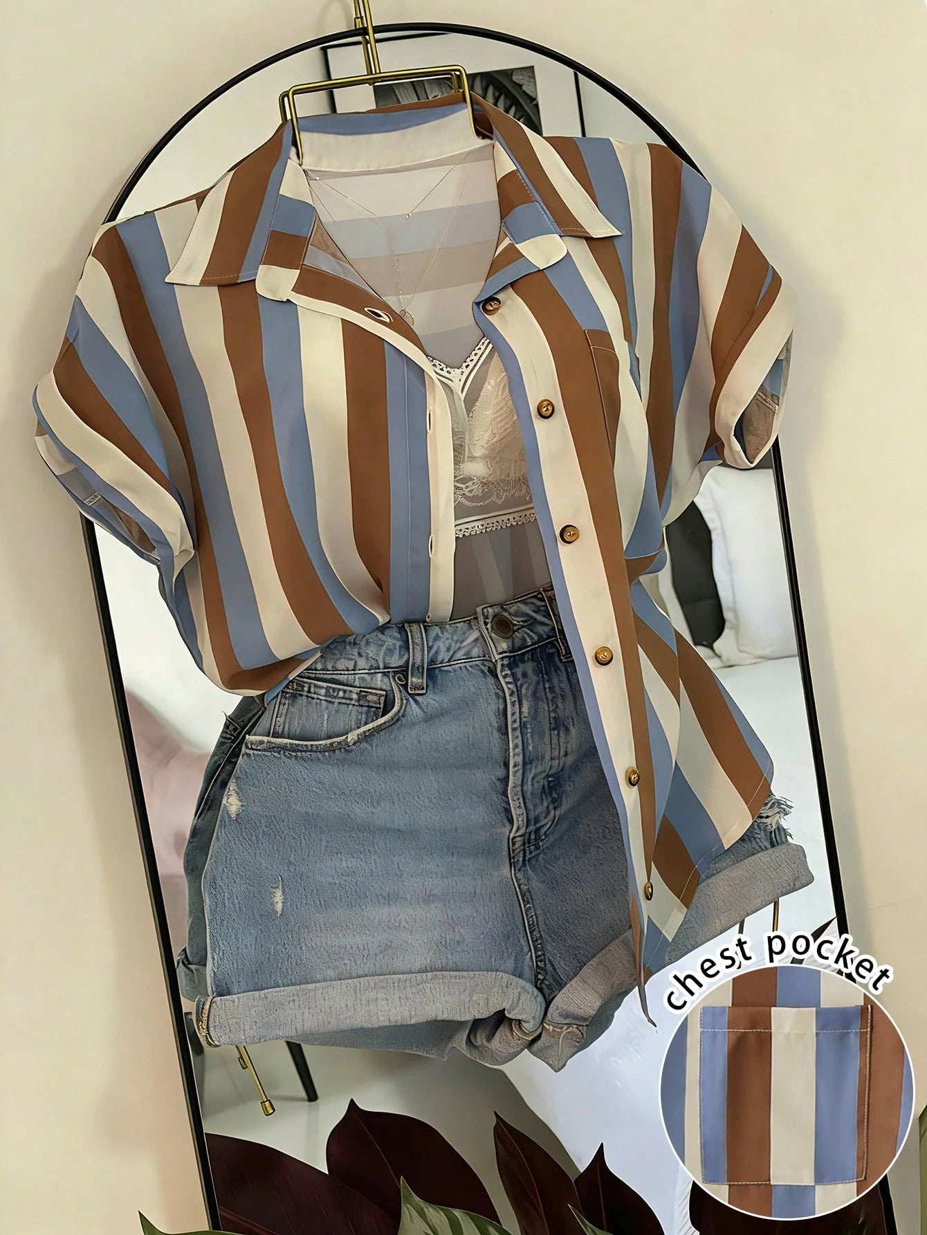 EMERY ROSE Plus Size Colorblock Vertical Striped Turndown Collar Roll-Up Sleeve Shirt