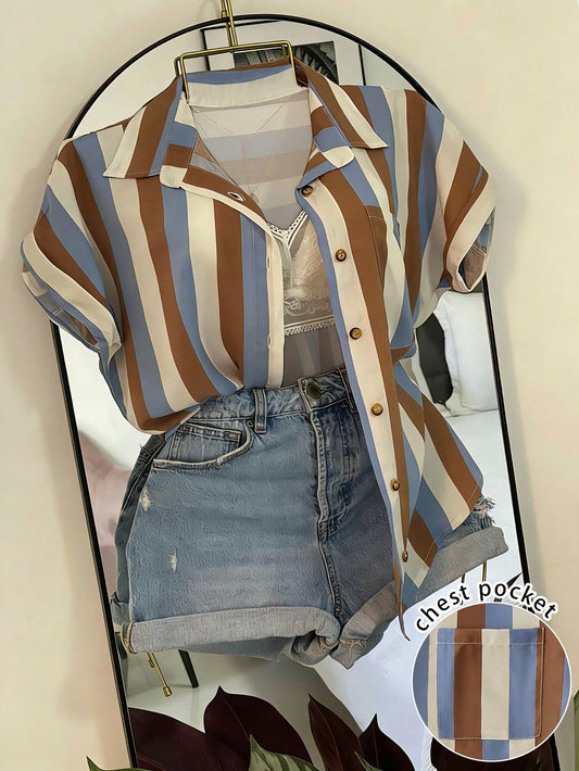 EMERY ROSE Plus Size Colorblock Vertical Striped Turndown Collar Roll-Up Sleeve Shirt