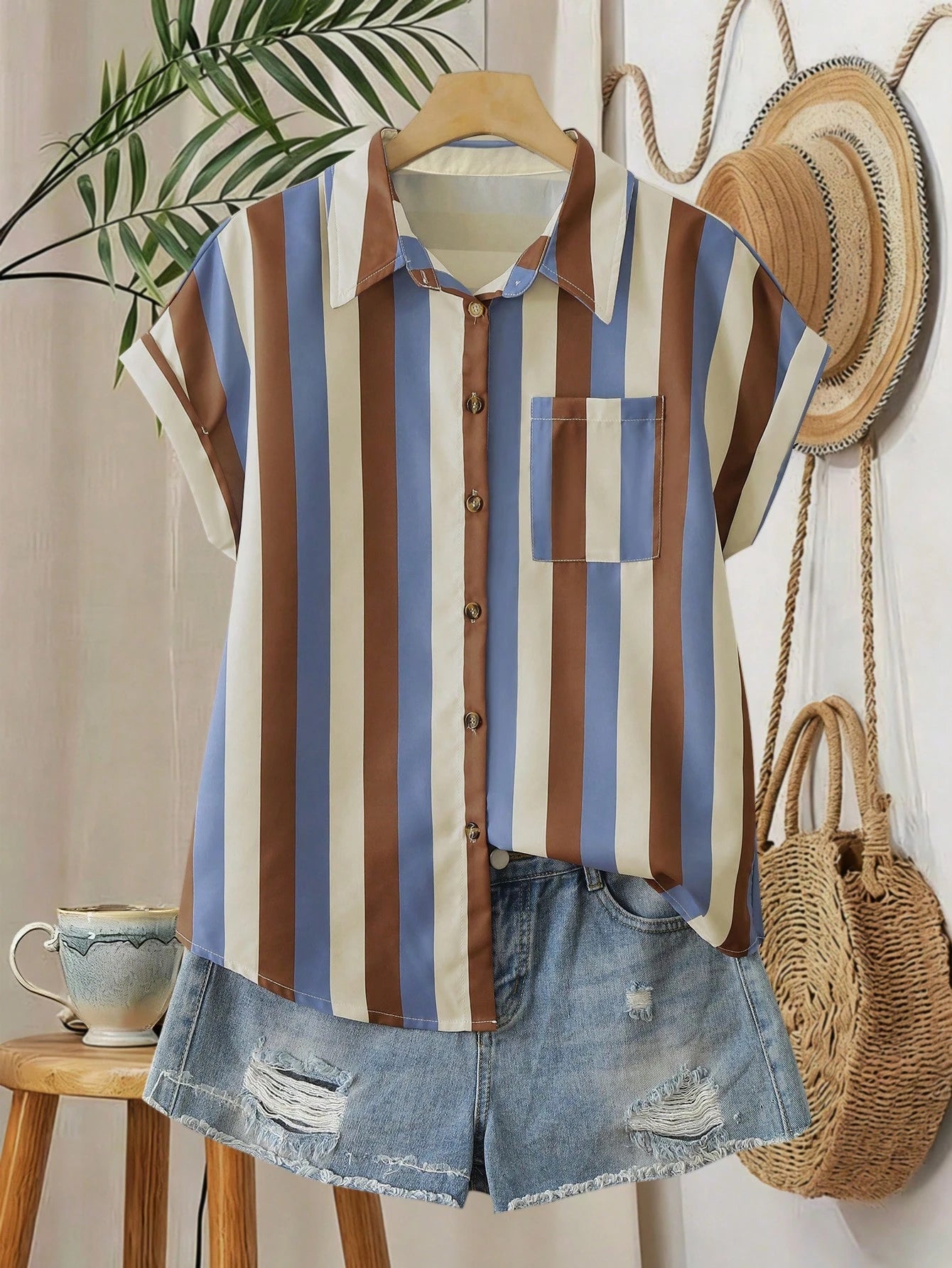 EMERY ROSE Plus Size Colorblock Vertical Striped Turndown Collar Roll-Up Sleeve Shirt