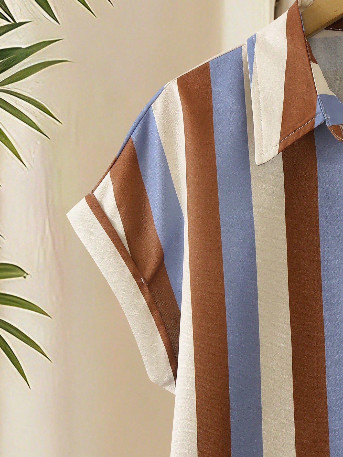 EMERY ROSE Plus Size Colorblock Vertical Striped Turndown Collar Roll-Up Sleeve Shirt