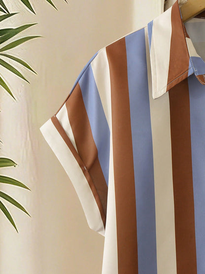 EMERY ROSE Plus Size Colorblock Vertical Striped Turndown Collar Roll-Up Sleeve Shirt
