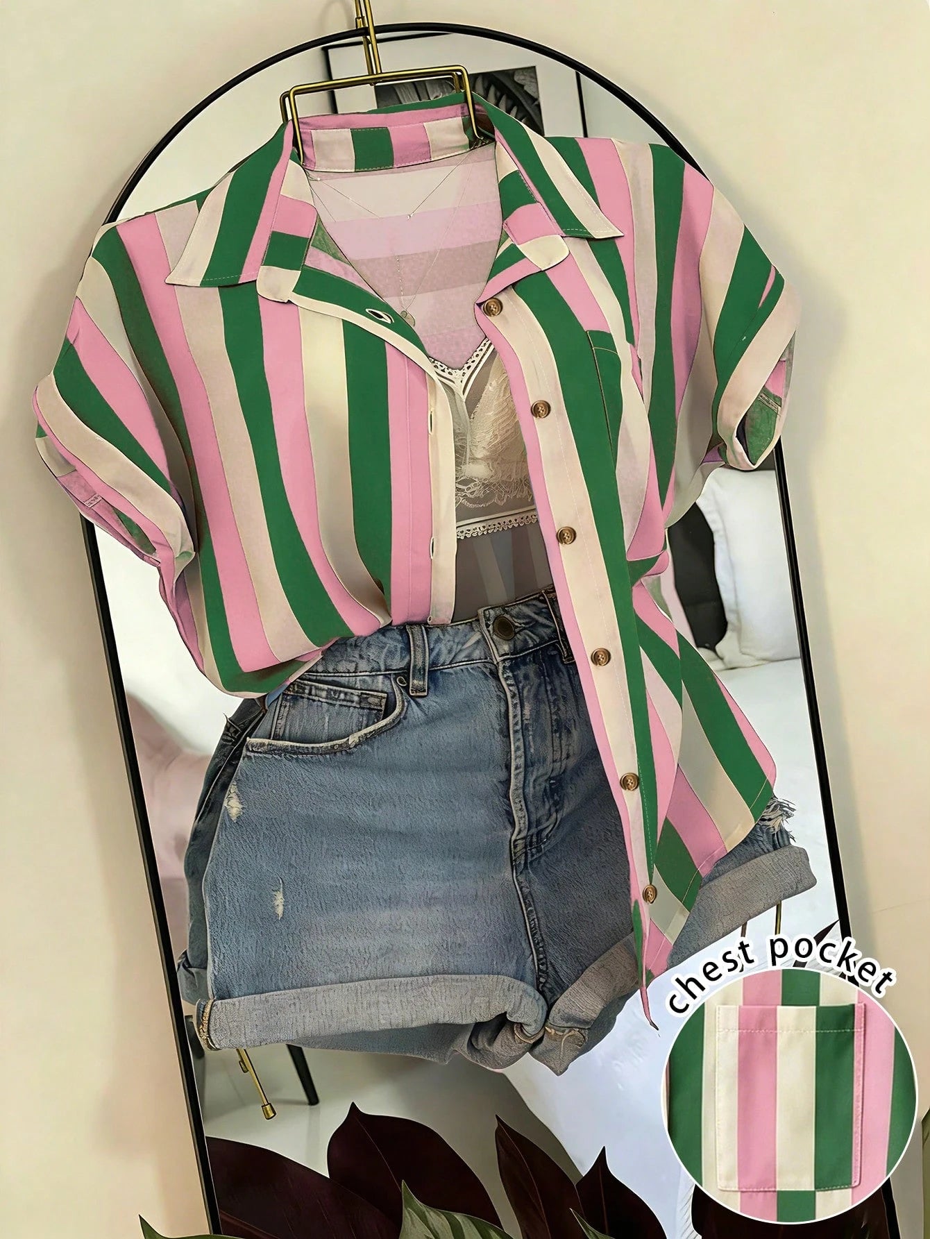 EMERY ROSE Plus Size Colorblock Vertical Striped Turndown Collar Roll-Up Sleeve Shirt