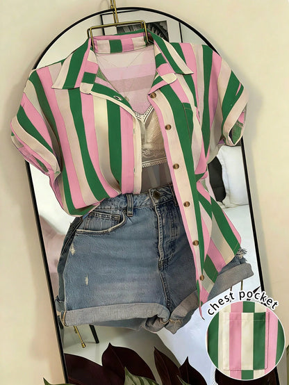 EMERY ROSE Plus Size Colorblock Vertical Striped Turndown Collar Roll-Up Sleeve Shirt