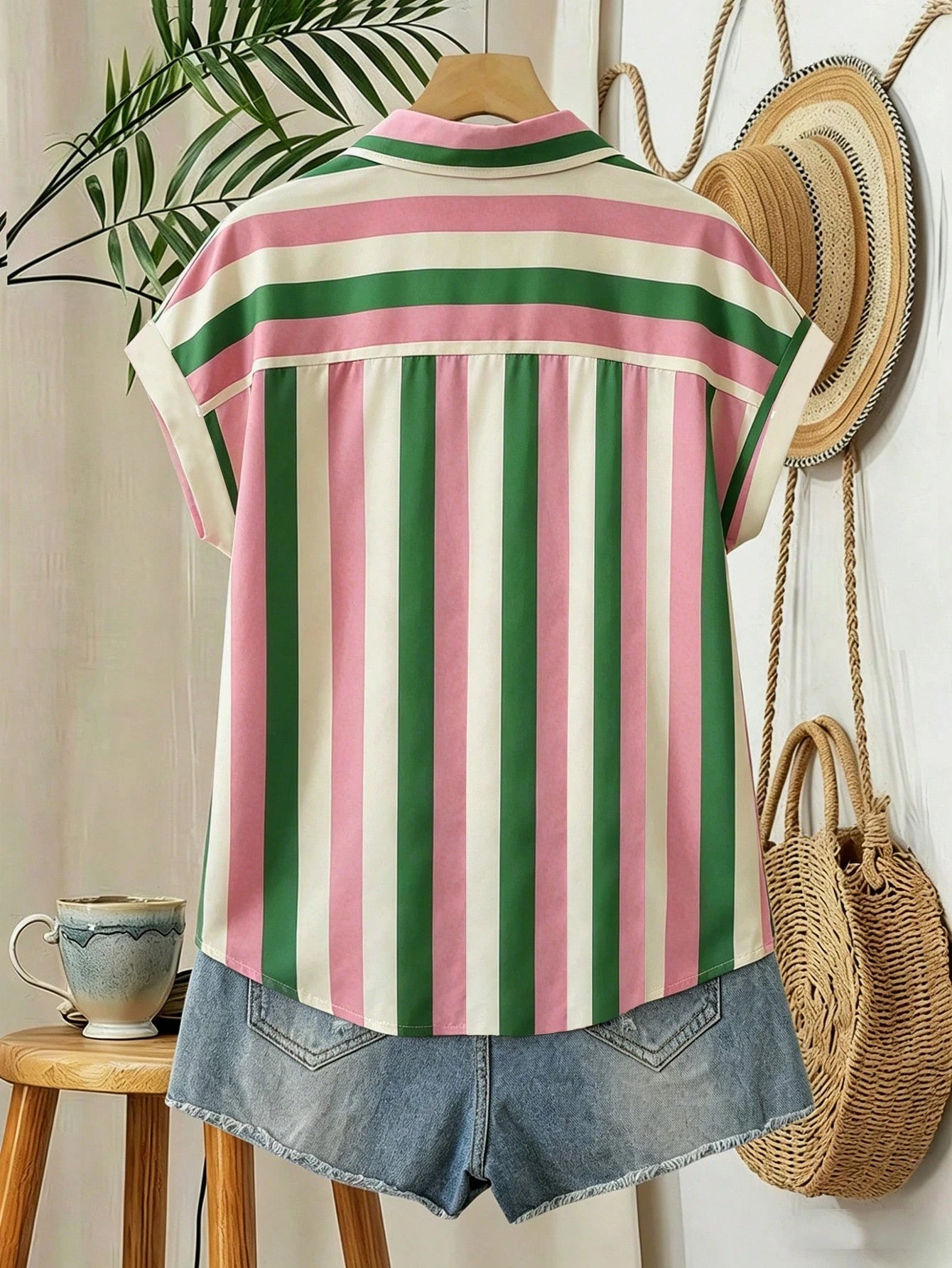 EMERY ROSE Plus Size Colorblock Vertical Striped Turndown Collar Roll-Up Sleeve Shirt