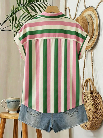 EMERY ROSE Plus Size Colorblock Vertical Striped Turndown Collar Roll-Up Sleeve Shirt