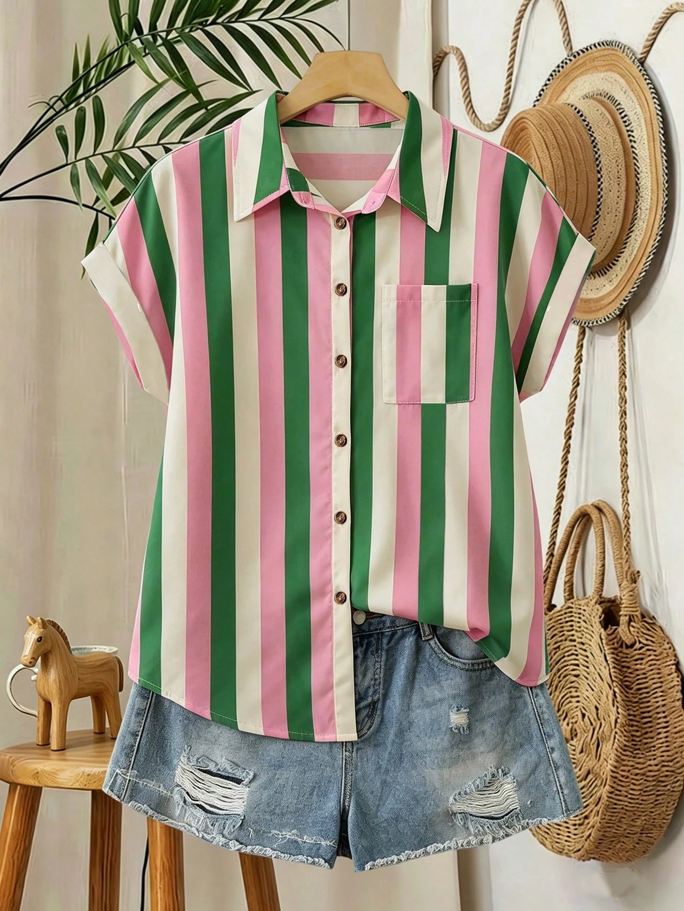 EMERY ROSE Plus Size Colorblock Vertical Striped Turndown Collar Roll-Up Sleeve Shirt