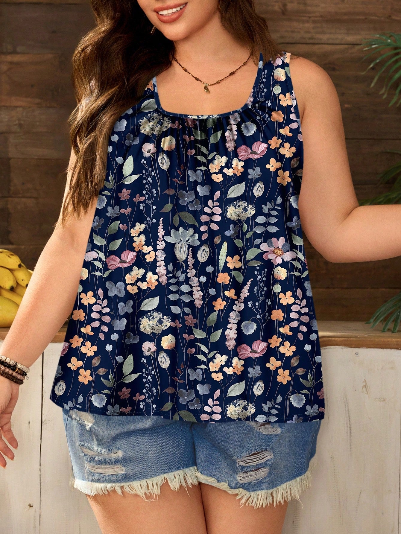 EMERY ROSE Plus Size Loose Fit Casual Sleeveless Top With Ruched Wide Straps, Suitable For Spring/Summer