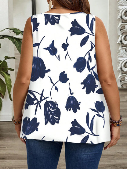 EMERY ROSE Plus Size Loose Fit Casual Sleeveless Top With Ruched Wide Straps, Suitable For Spring/Summer