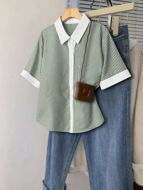 EMERY ROSE Plus Size Summer Casual Striped Patchwork Shirt