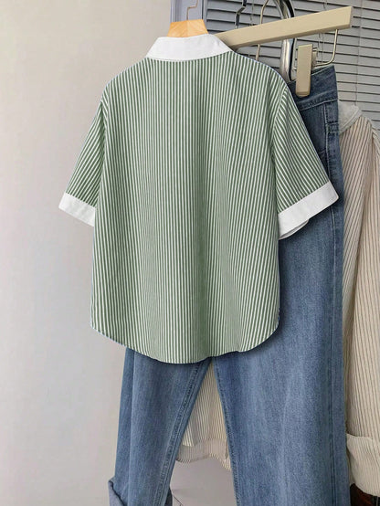 EMERY ROSE Plus Size Summer Casual Striped Patchwork Shirt