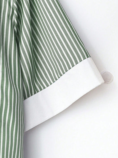 EMERY ROSE Plus Size Summer Casual Striped Patchwork Shirt