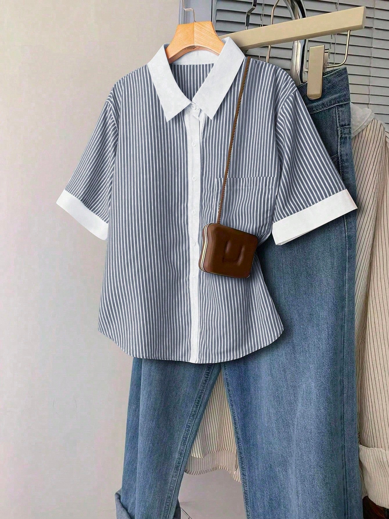 EMERY ROSE Plus Size Summer Casual Striped Patchwork Shirt