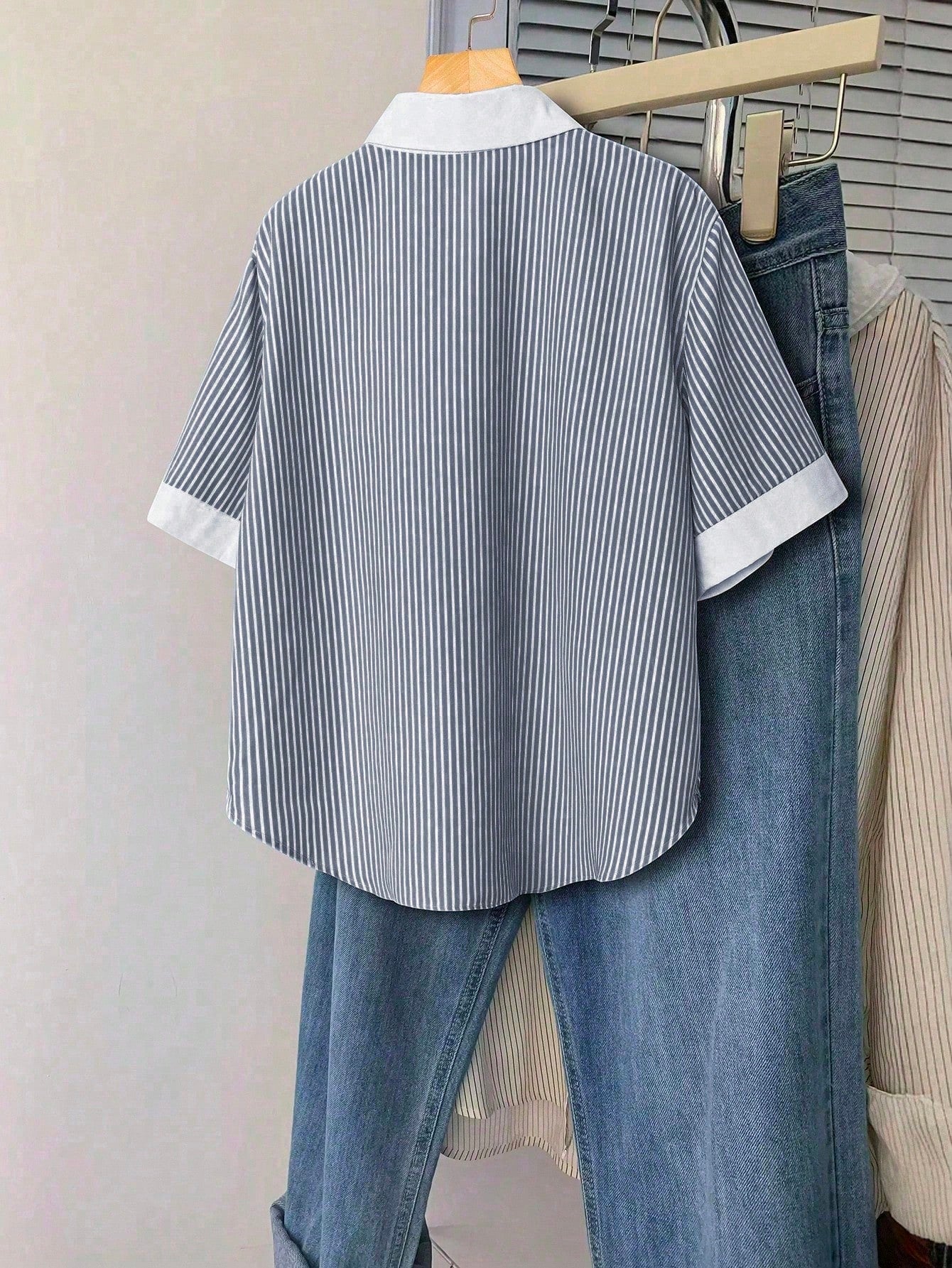EMERY ROSE Plus Size Summer Casual Striped Patchwork Shirt