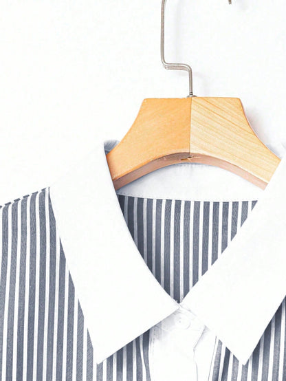 EMERY ROSE Plus Size Summer Casual Striped Patchwork Shirt