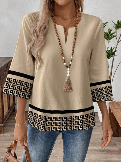 EMERY ROSE Plus Size Women Casual Graphic Print Notched Neck 3/4 Sleeve Loose Blouse, Suitable For Spring, Summer, Autumn Fall