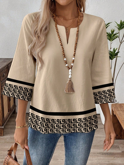 EMERY ROSE Plus Size Women Casual Graphic Print Notched Neck 3/4 Sleeve Loose Blouse, Suitable For Spring, Summer, Autumn Fall
