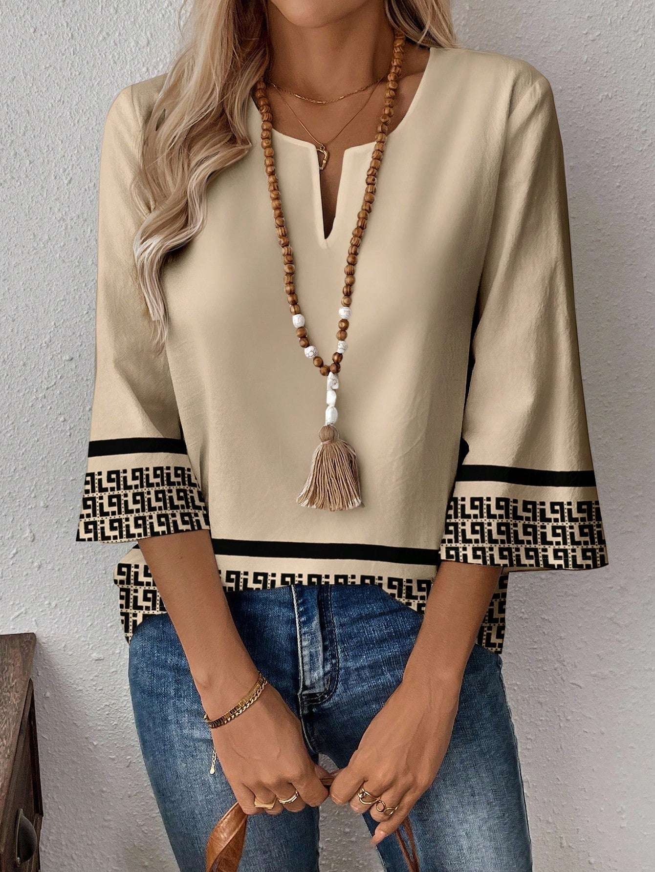 EMERY ROSE Plus Size Women Casual Graphic Print Notched Neck 3/4 Sleeve Loose Blouse, Suitable For Spring, Summer, Autumn Fall