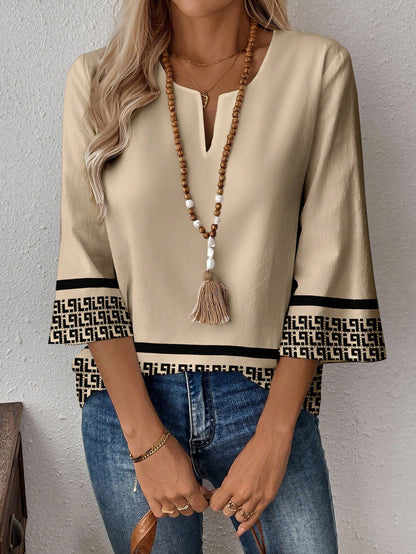EMERY ROSE Plus Size Women Casual Graphic Print Notched Neck 3/4 Sleeve Loose Blouse, Suitable For Spring, Summer, Autumn Fall