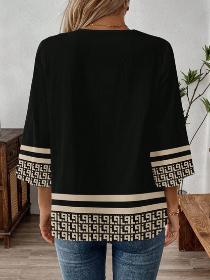 EMERY ROSE Plus Size Women Casual Graphic Print Notched Neck 3/4 Sleeve Loose Blouse, Suitable For Spring, Summer, Autumn Fall