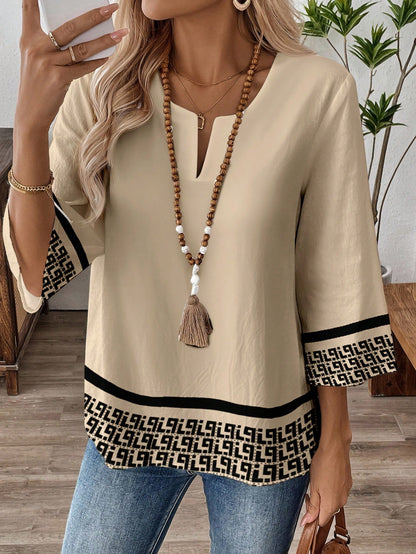 EMERY ROSE Plus Size Women Casual Graphic Print Notched Neck 3/4 Sleeve Loose Blouse, Suitable For Spring, Summer, Autumn Fall