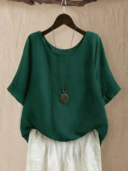 EMERY ROSE Plus Size Women Crew Neck Casual/Daily/Outdoor/Minimalist/Vacation/Flattering Textured Sage Green Pullover Top, Spring/Summer