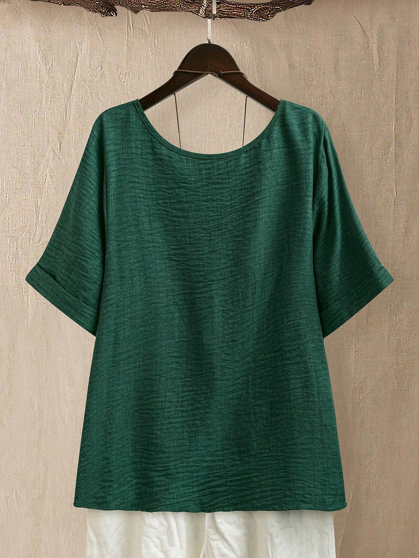 EMERY ROSE Plus Size Women Crew Neck Casual/Daily/Outdoor/Minimalist/Vacation/Flattering Textured Sage Green Pullover Top, Spring/Summer