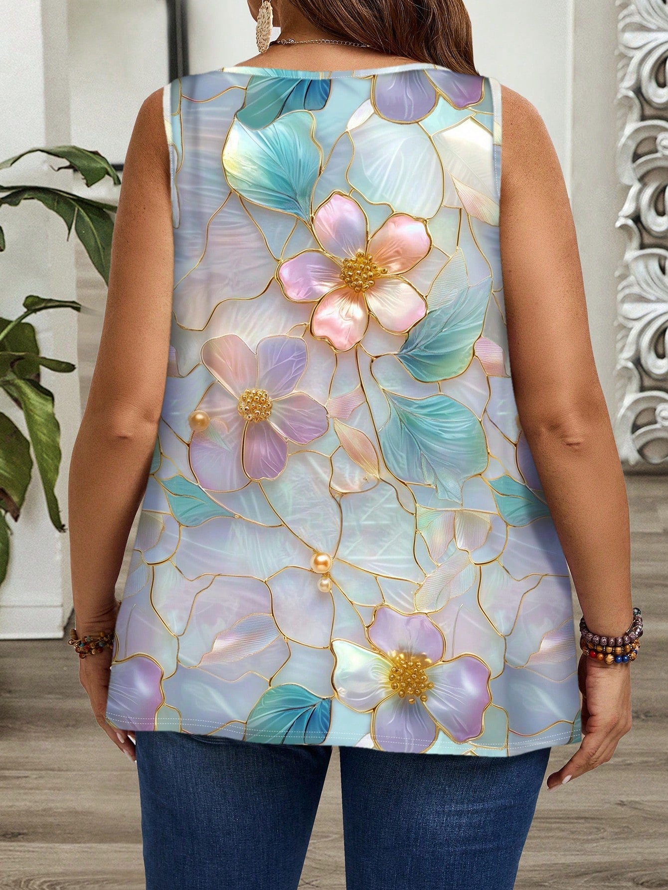 EMERY ROSE Plus Size Women Floral Print Pleated Loose Camisole & Tank Top,Light Blue,Summer,Boho,Tea Party,Holiday,Spring/Summer Vcay,Flower