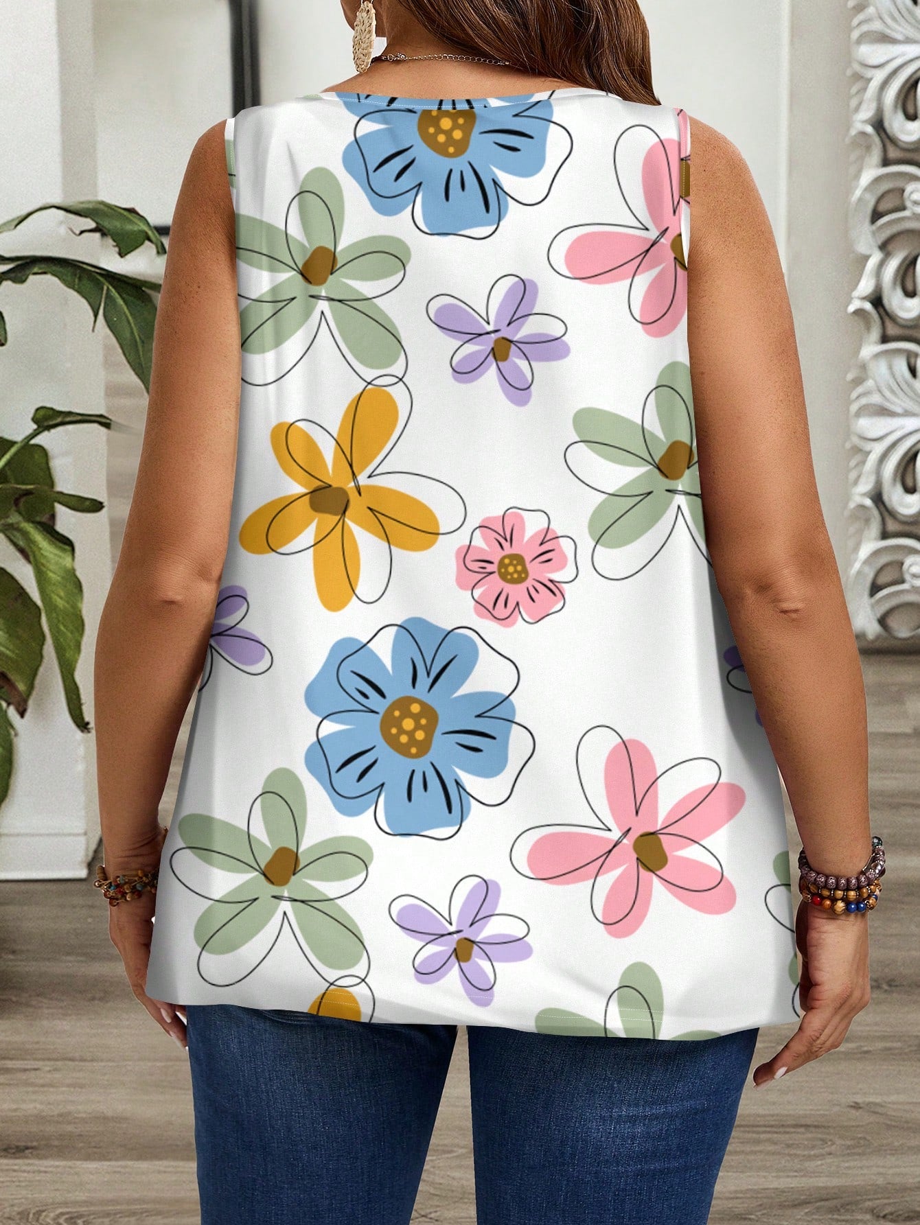 EMERY ROSE Plus Size Women Floral Print Pleated Loose Camisole & Tank Top,Light Blue,Summer,Boho,Tea Party,Holiday,Spring/Summer Vcay,Flower