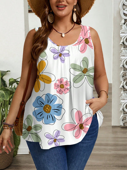 EMERY ROSE Plus Size Women Floral Print Pleated Loose Camisole & Tank Top,Light Blue,Summer,Boho,Tea Party,Holiday,Spring/Summer Vcay,Flower
