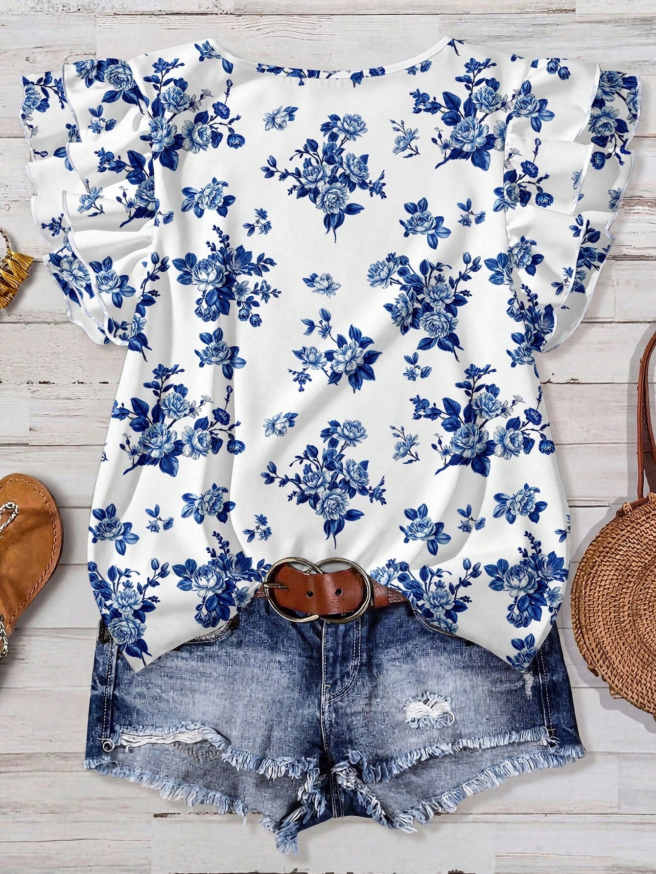 EMERY ROSE Plus Size Women Floral Print Ruffle Sleeve Casual Shirt Women's Tops Summer And Blouses Spring Shirts For Outfits