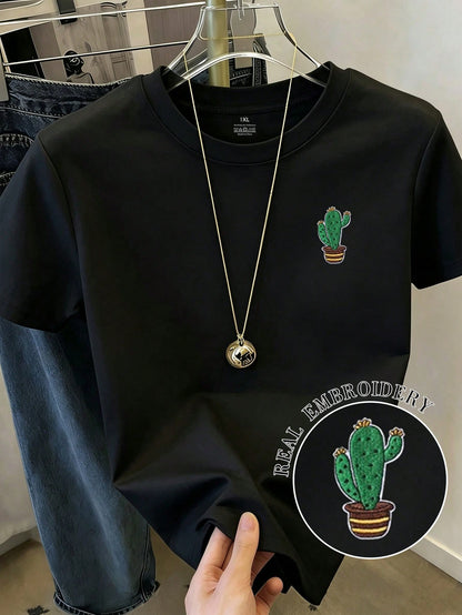 EMERY ROSE Plus Size Women's Cactus Embroidery Pattern Casual Round Neck Short Sleeve T-Shirt