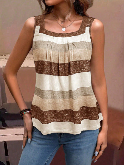 EMERY ROSE Plus Size Women's Colorblock Striped Tank Top,Sleeveless Casual Summer Top,Boho Sequin Hiking Shirt,White Brown Graphic Tee,Summer Casual Tops