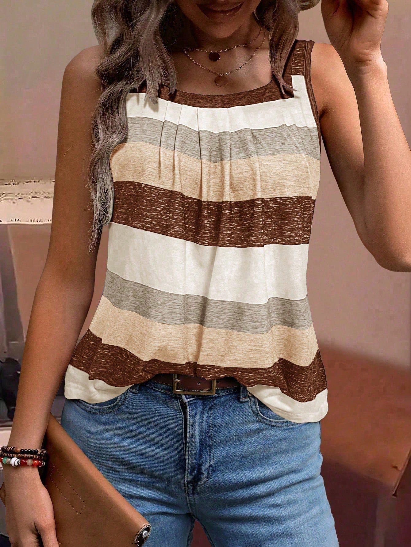 EMERY ROSE Plus Size Women's Colorblock Striped Tank Top,Sleeveless Casual Summer Top,Boho Sequin Hiking Shirt,White Brown Graphic Tee,Summer Casual Tops