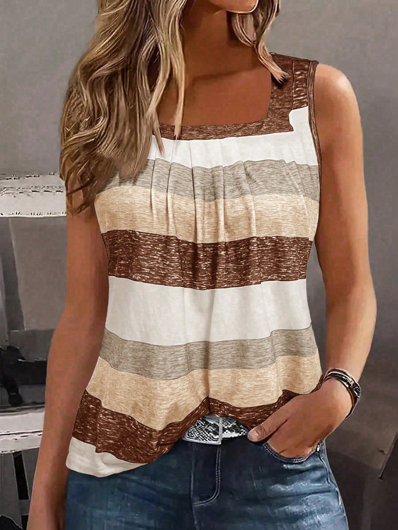EMERY ROSE Plus Size Women's Colorblock Striped Tank Top,Sleeveless Casual Summer Top,Boho Sequin Hiking Shirt,White Brown Graphic Tee,Summer Casual Tops