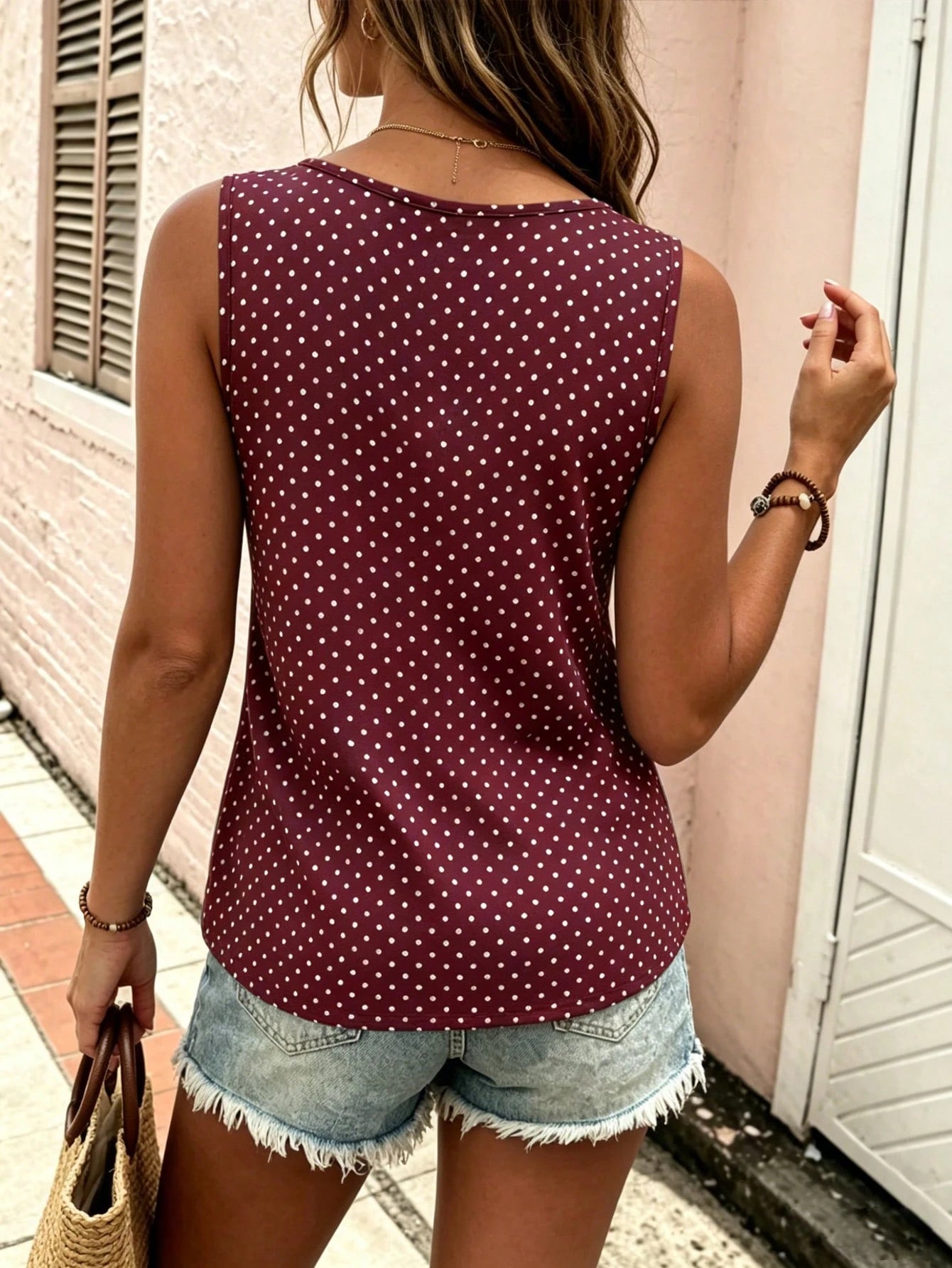 EMERY ROSE Plus Size Women's Polka Dot Contrast Color Round Neck Button Tank Top, Round Neck Button Strap Tank Top, Suitable For Daily Casual Wear