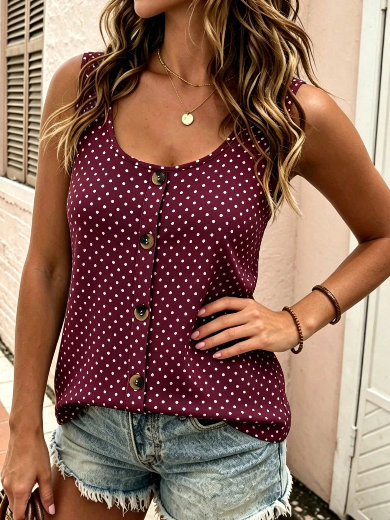 EMERY ROSE Plus Size Women's Polka Dot Contrast Color Round Neck Button Tank Top, Round Neck Button Strap Tank Top, Suitable For Daily Casual Wear