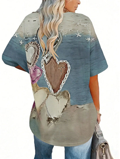EMERY ROSE Plus Size Women's Retro Heart-Patterned T-Shirt,Blue Check,Summer,Casual,Vacation,Bohemian Style Top,Loose Fit,Holiday Parties,Office Wear Outfits