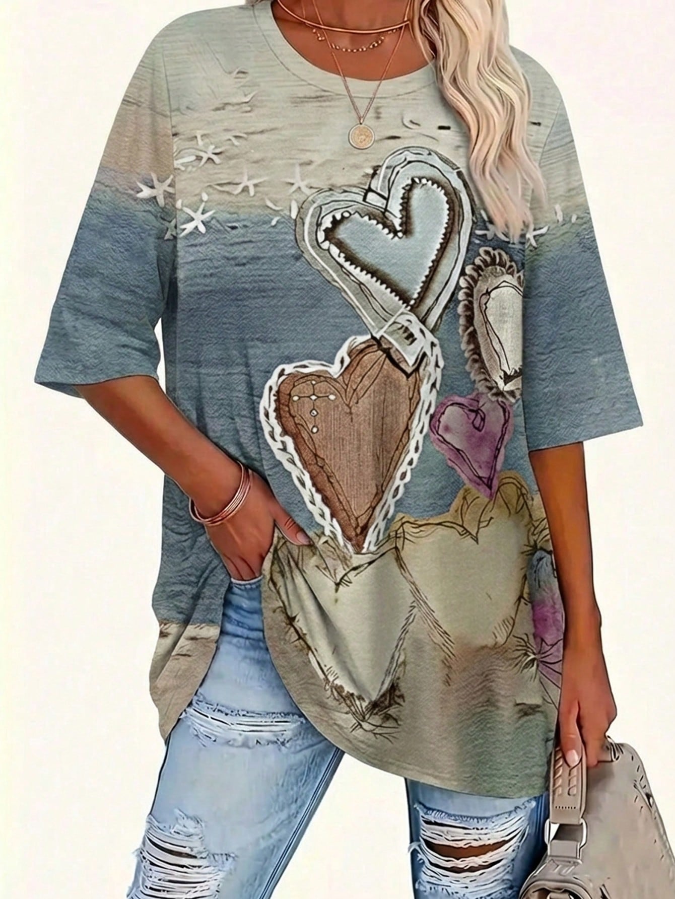 EMERY ROSE Plus Size Women's Retro Heart-Patterned T-Shirt,Blue Check,Summer,Casual,Vacation,Bohemian Style Top,Loose Fit,Holiday Parties,Office Wear Outfits