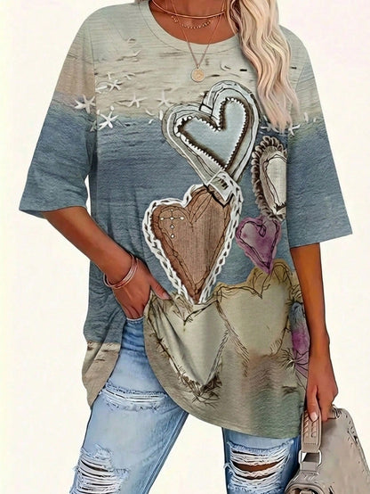 EMERY ROSE Plus Size Women's Retro Heart-Patterned T-Shirt,Blue Check,Summer,Casual,Vacation,Bohemian Style Top,Loose Fit,Holiday Parties,Office Wear Outfits