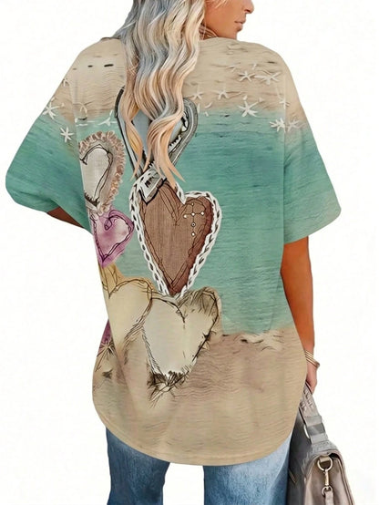 EMERY ROSE Plus Size Women's Retro Heart-Patterned T-Shirt,Blue Check,Summer,Casual,Vacation,Bohemian Style Top,Loose Fit,Holiday Parties,Office Wear Outfits