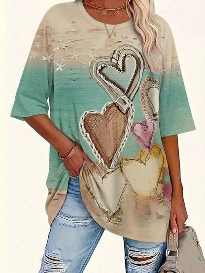 EMERY ROSE Plus Size Women's Retro Heart-Patterned T-Shirt,Blue Check,Summer,Casual,Vacation,Bohemian Style Top,Loose Fit,Holiday Parties,Office Wear Outfits