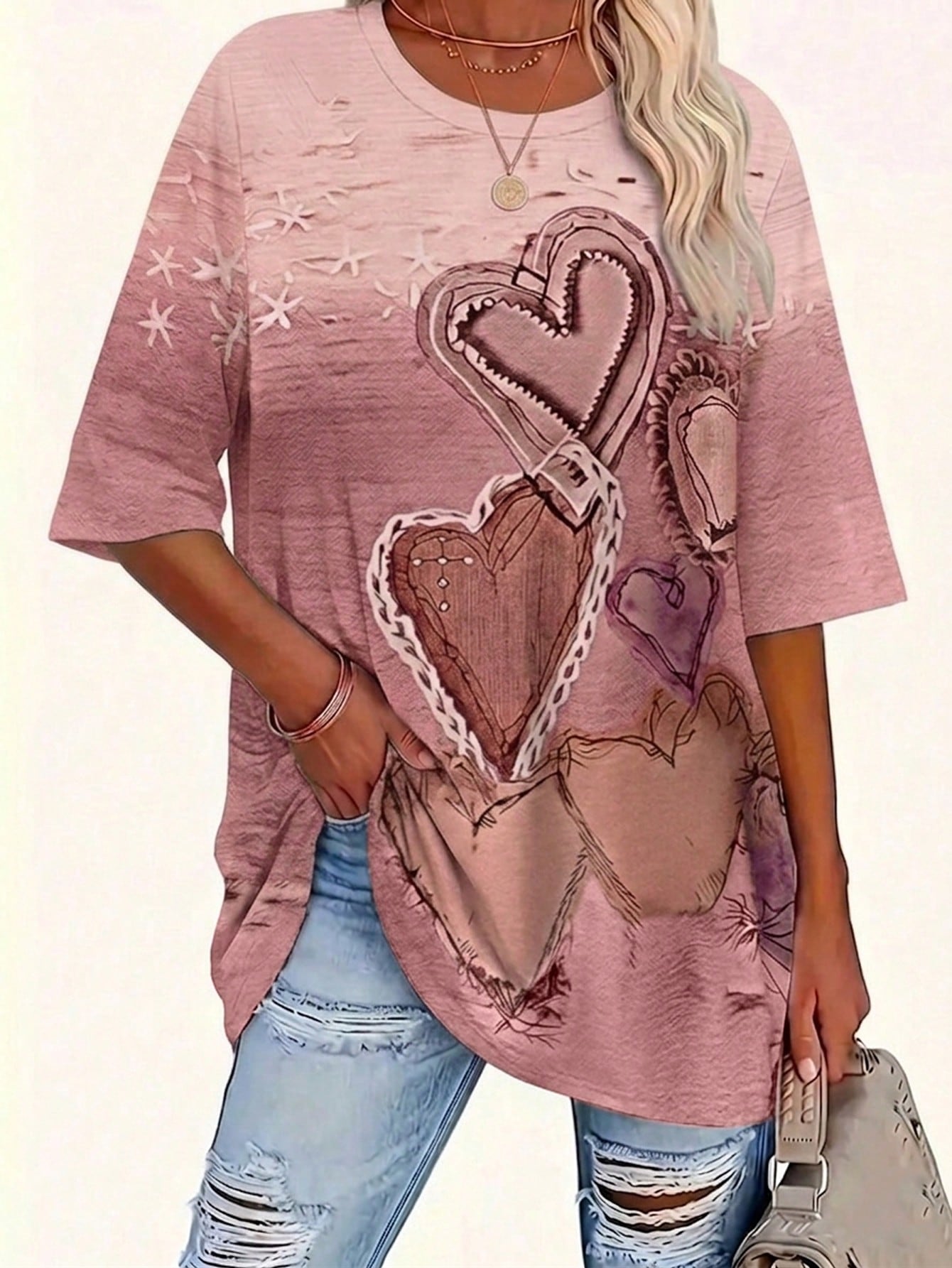 EMERY ROSE Plus Size Women's Retro Heart-Patterned T-Shirt,Blue Check,Summer,Casual,Vacation,Bohemian Style Top,Loose Fit,Holiday Parties,Office Wear Outfits