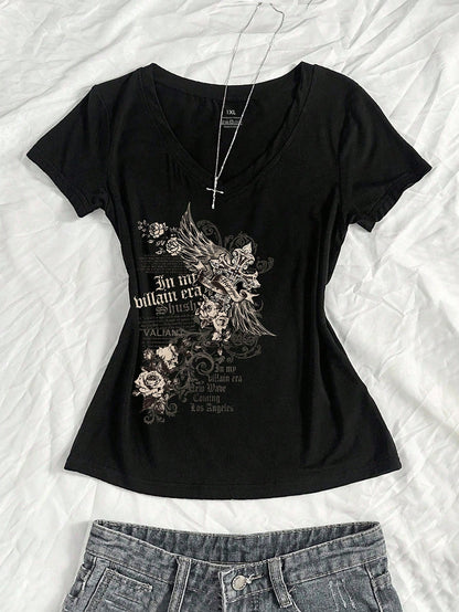 EMERY ROSE Plus Size Women's Summer V-Neck Slim Fit T-Shirt With Vintage Cross Floral Punk Subculture Anime Print, Short Sleeve V-Neck