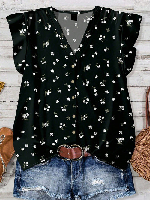 EMERY ROSE Plus Size Women's Vacation Floral Print Button Front Ruffle Trim Casual Blouse Shirt,Black And White,Summer,Boho,Elegant,Holiday,Ditsy Flower Tops