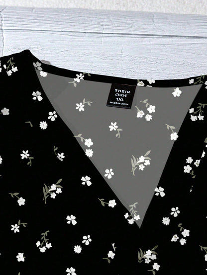 EMERY ROSE Plus Size Women's Vacation Floral Print Button Front Ruffle Trim Casual Blouse Shirt,Black And White,Summer,Boho,Elegant,Holiday,Ditsy Flower Tops