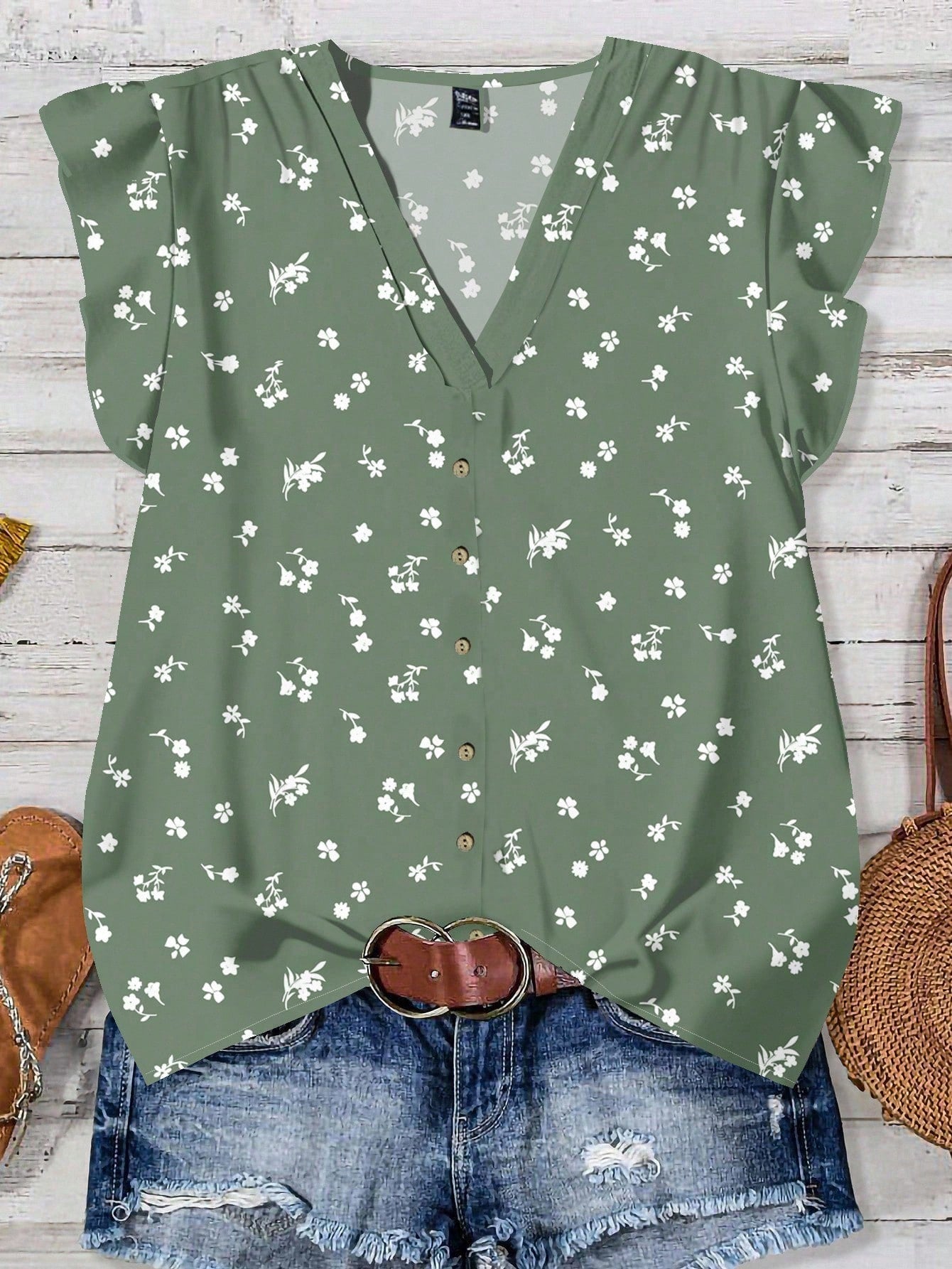 EMERY ROSE Plus Size Women's Vacation Floral Print Button Front Ruffle Trim Casual Blouse Shirt,Black And White,Summer,Boho,Elegant,Holiday,Ditsy Flower Tops