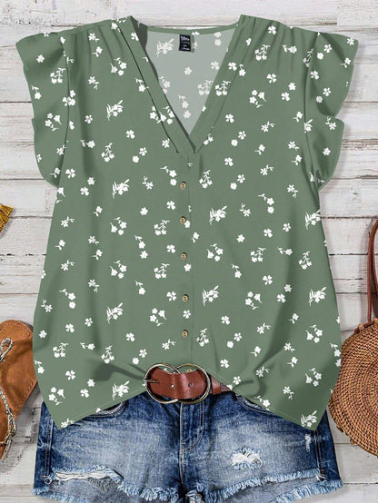 EMERY ROSE Plus Size Women's Vacation Floral Print Button Front Ruffle Trim Casual Blouse Shirt,Black And White,Summer,Boho,Elegant,Holiday,Ditsy Flower Tops