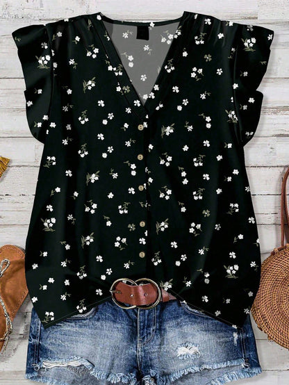 EMERY ROSE Plus Size Women's Vacation Floral Print Button Front Ruffle Trim Casual Blouse Shirt,Black And White,Summer,Boho,Elegant,Holiday,Ditsy Flower Tops
