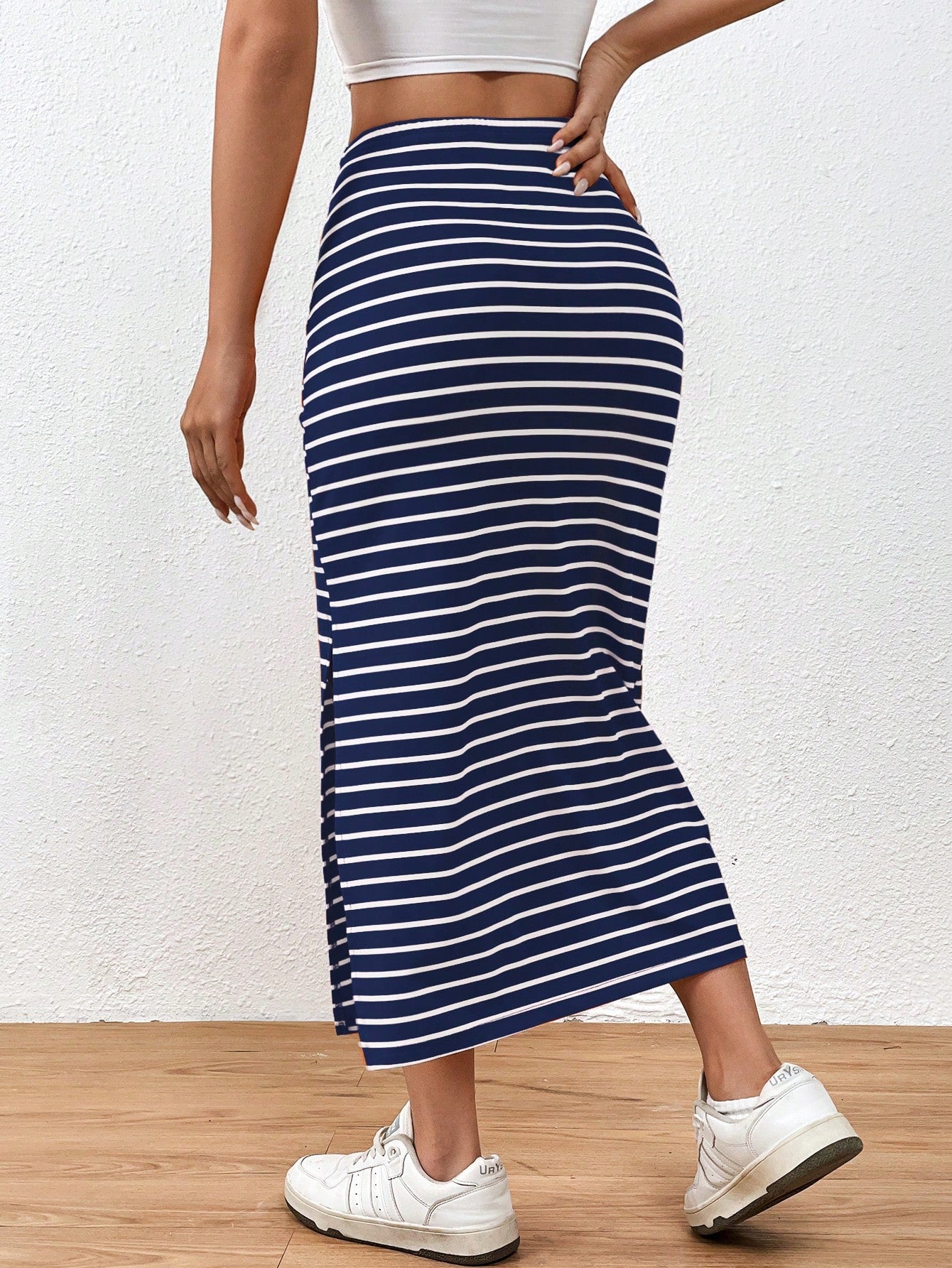EMERY ROSE Summer Casual Striped Twist Slit Mid-Length Skirt